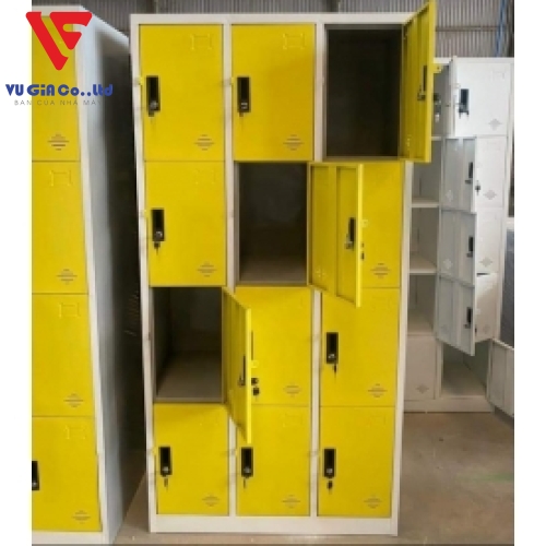 12-compartment locker cabinet painted yellow and white