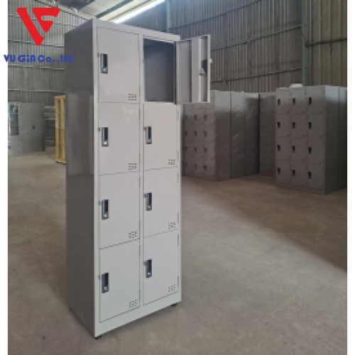 Iron locker cabinet with 8 individual compartments.