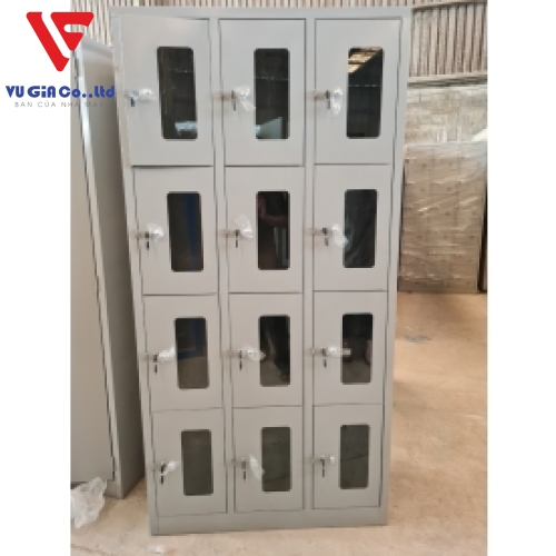 Locker cabinet with 12 glass doors