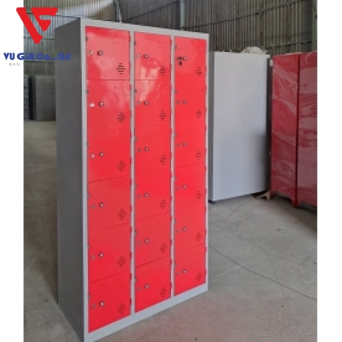 Iron locker with 18 drawers painted red