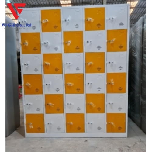 30-compartment locker cabinet painted yellow and white